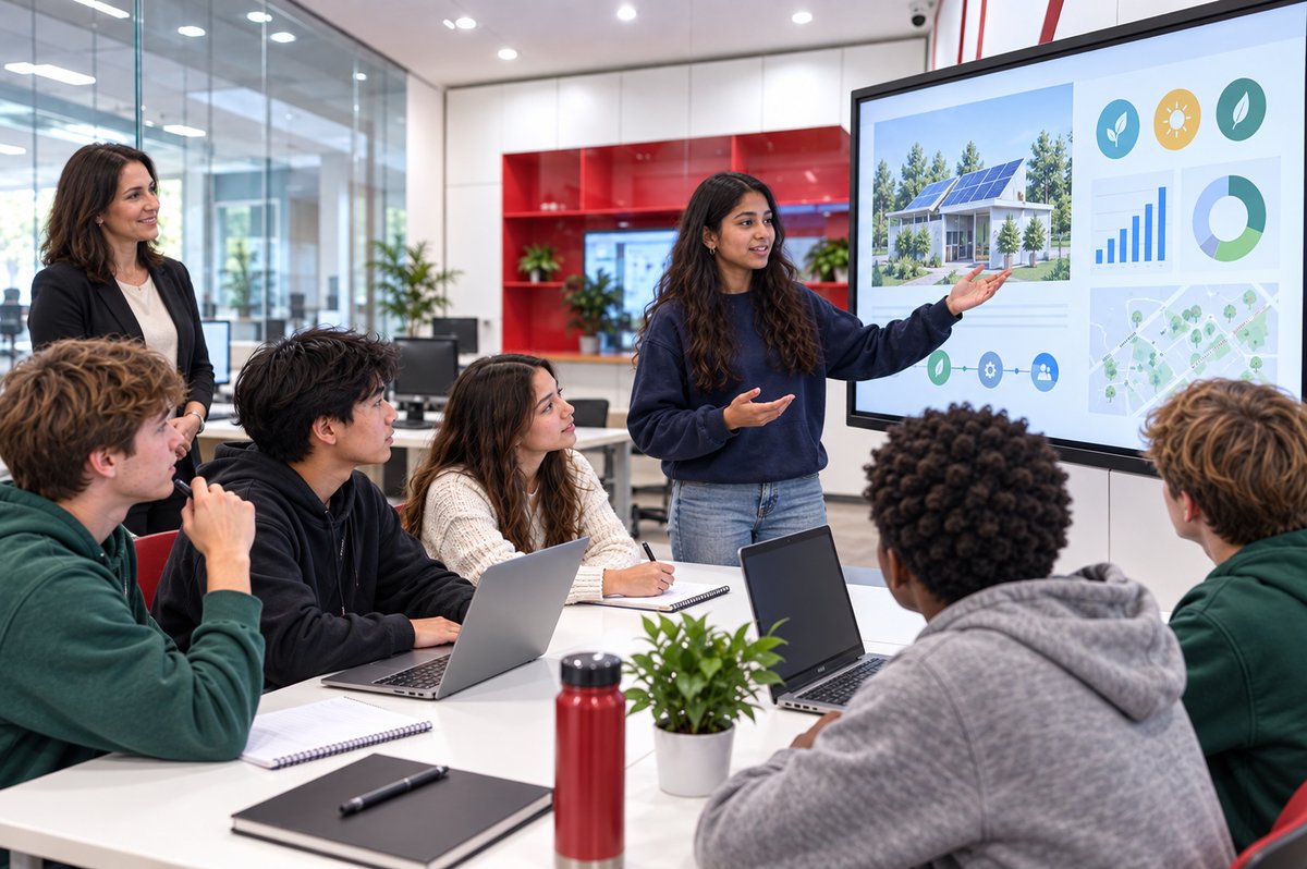 A secondary student pitching her project to the class
